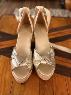 COLE HAAN Leather Gold Knot Espadrille Wedge Sandals with Ankle Tie